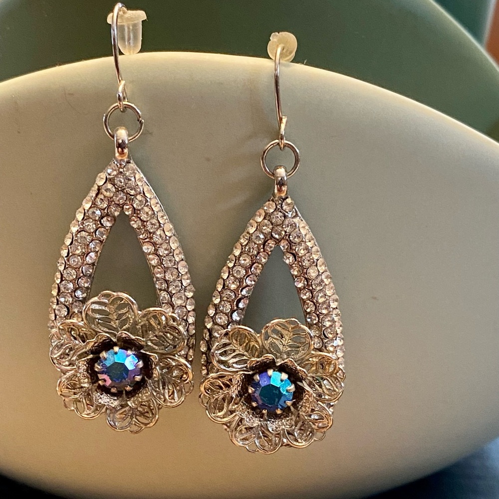 Upcycled earrings w/vintage and new elements set in silver w/blue stone